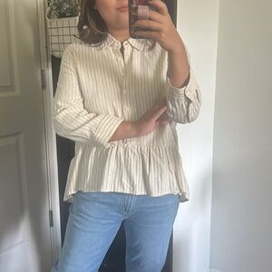 Trovota Birds of Paradis Pinstriped Buttoned Front Cotton Blouse. Size M